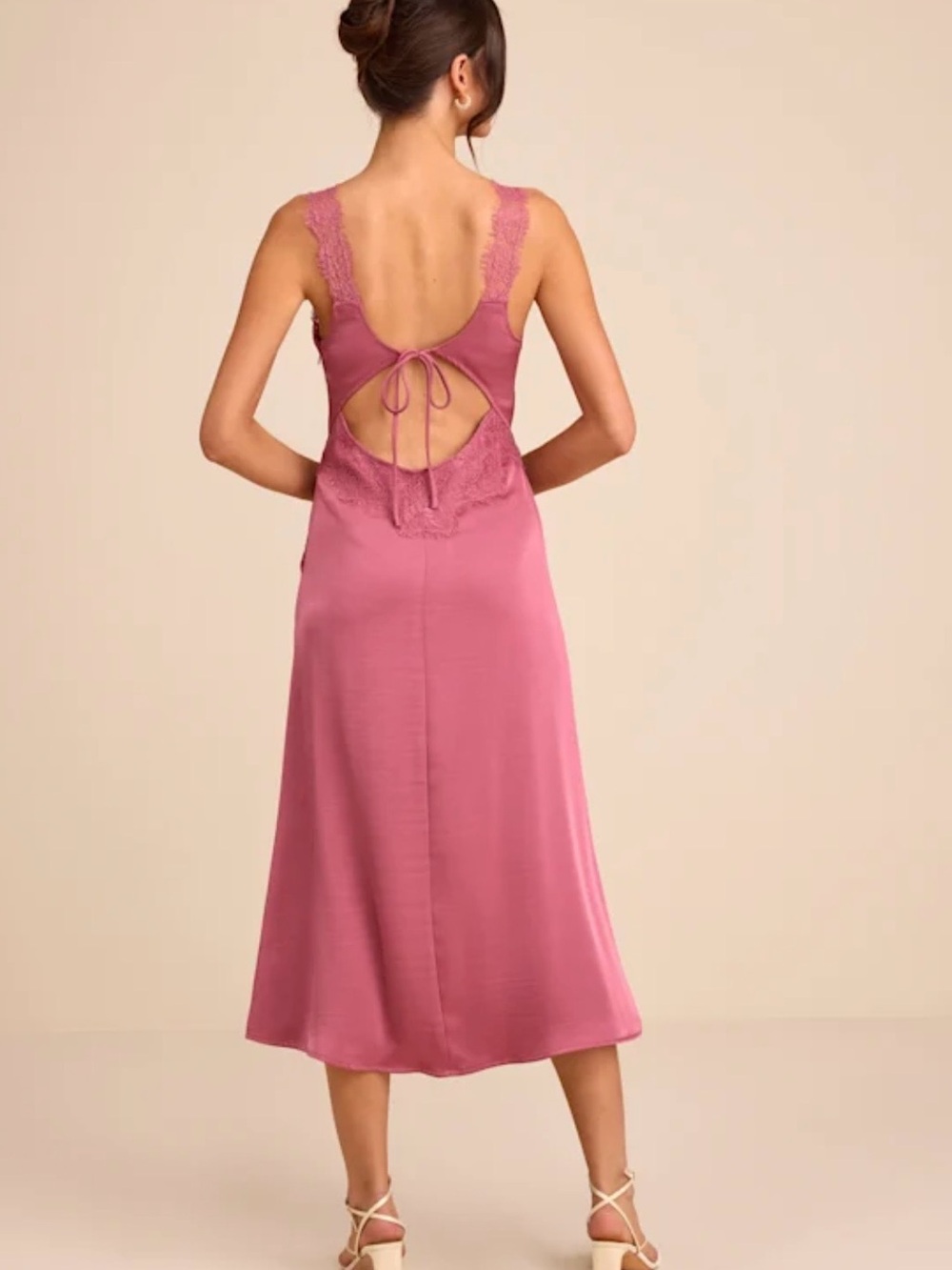 Lulus Alayah Dusty Rose Satin Lace Tie-back Midi Dress Pink - Size L - Picture 3 of 3